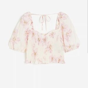 Women’s H&M pink floral smocked puff sleeve crop top Size S